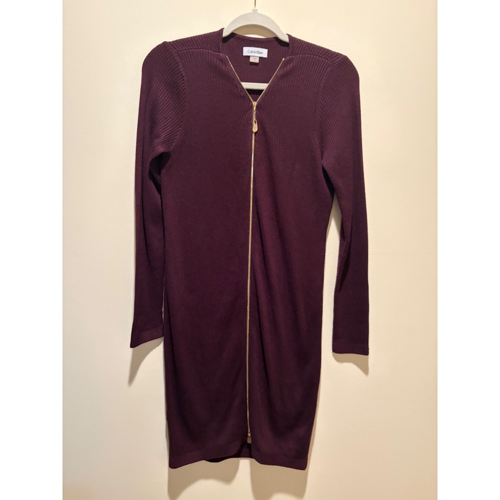 Calvin Klein Womens Plum Purple Ribbed Knit Full Zip Long Sleeve Sweater Dress S
